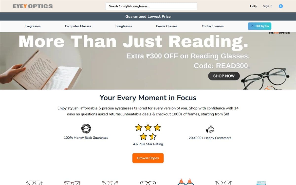 Screenshot of the Eyey Optics website
